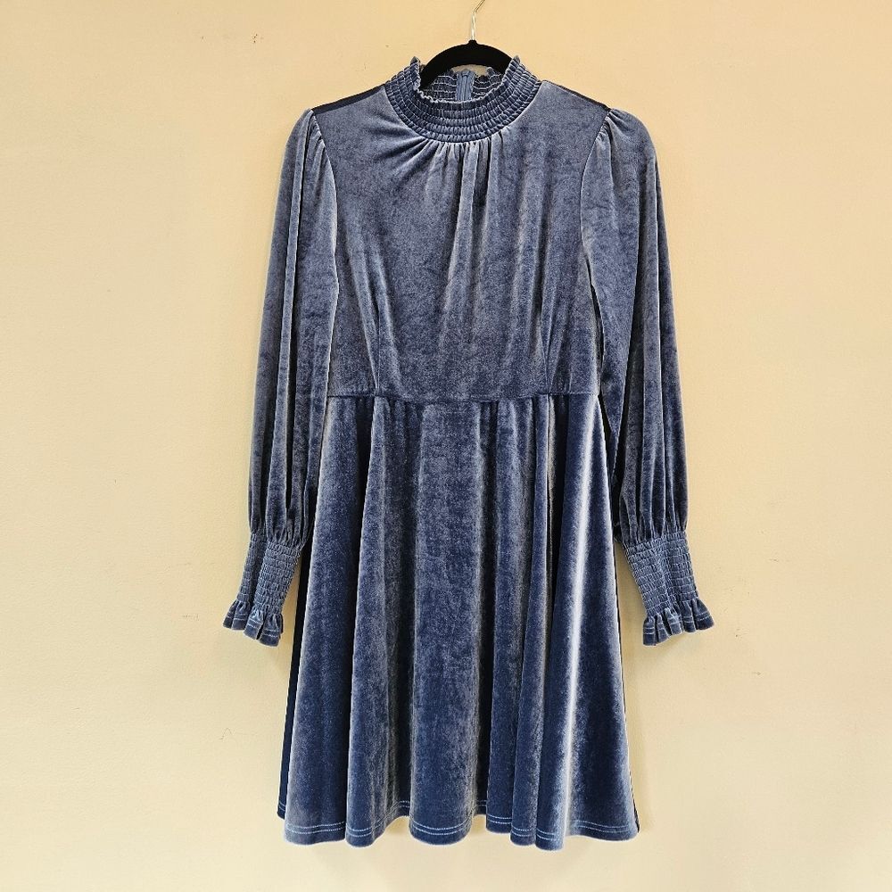 Baltic Born Elegant Dress Women Sz M Velvet Slate Blue Long Sleeves Smocking